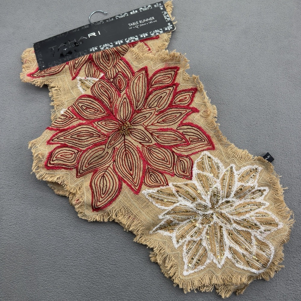 Tahari Christmas Beaded Table Runner Gold Red White Poinsettia Jute Holiday